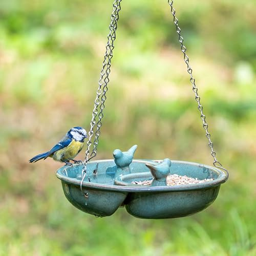 CJ Wildlife Mangeoire Oiseaux Exterieur à Suspendre – Mangeoire Silo pour Oiseaux – Distributeur Graines Oiseaux – Céramique Bleu – Offre Nourriture et Eau