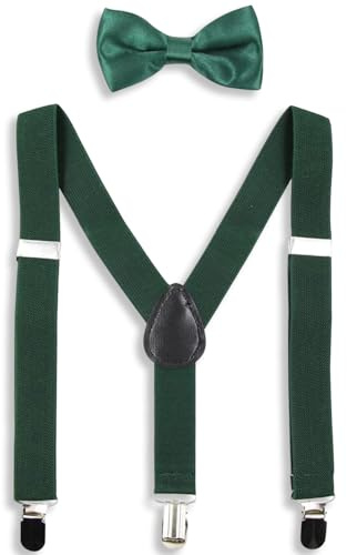 Hanerdun Kids Suspender Bowtie Sets Adjustable Suspender With Bow Ties Gift Idea For Boys And Girls, Dark Green, One Size