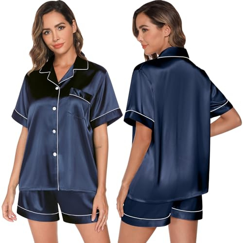 GAESHOW Conjunto de Pijama de Seda de satén para Mujer, Conjunto de Manga Corta con Botones, Ropa de Dormir, Ropa de Descanso, Conjuntos de Dos Piezas, S-26XL