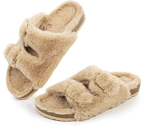 FITORY Womens Open Toe Slipper with Cozy Lining,Faux Rabbit Fur Cork Slide Sandals Size 6
