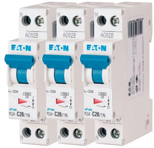 EATON 264747 PLG4-C20/1N - DISJONCTEUR MODULAIRE PH/N - Blanc - MANETTE BLEUE - 1P+N / 20 A - COURBE C - Raccordement à vis - 3 disjoncteurs