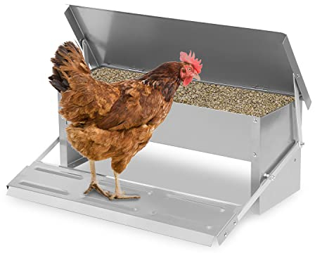 Jopassy Futterautomat Hühner 5KG Futterspender Hühnerfutterautomat aus Verzinkter Stahl Futtertrog mit Automatisches Pedal und Wasserfest Decke Hühnerfutter für Geflügel, Wasserdicht und rattensicher