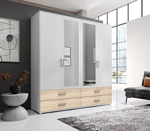 möbelando Kleiderschrank Ivar in Weiß Abs. Eiche Sonoma mit 4 Schubladen und 4 Türen. Abmessungen (BxHxT) 180x190x51 cm