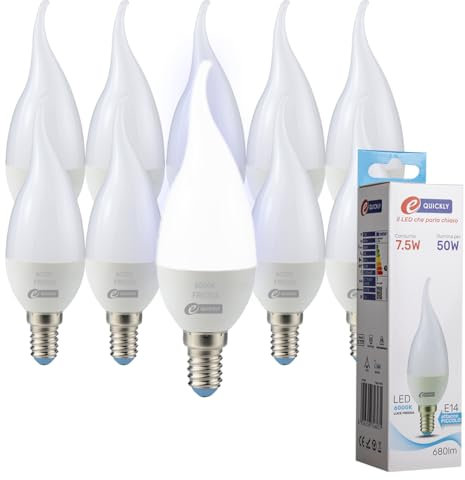 E-QUICKLY lampadine led e14-7.5w equivalenti a 50w, led luce fredda 6000k, lampadine E14 a fiamma attacco piccolo. 680 lumen a basso consumo, lampadina led e14 a risparmio energetico, 10PZ