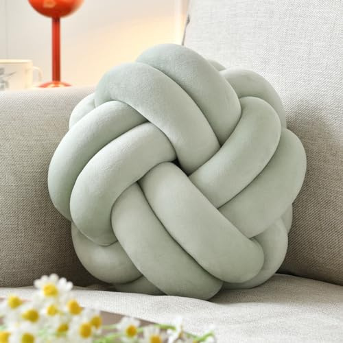 VBGYA Cuscino a sfera con nodo, cuscino decorativo rotondo, 28 cm, verde salvia morbido cuscino annodato in peluche, cuscino decorativo moderno per la casa
