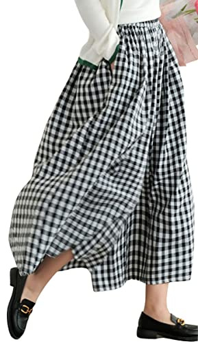 Pantalón Chouyatou de lino y algodón con cintura elástica, cuadros de estilo Gingham, pierna ancha, estilo Capri Palazzo para mujer, Negro, XXL