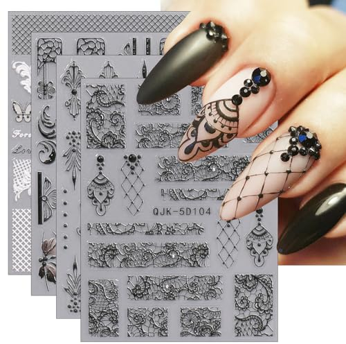 JMEOWIO 3D Nagelsticker Schwarz Weiß Blume Nail Art Sticker Selbstklebend Nagelaufkleber 5D Stereoskopisch Blumen Dekoration Nageldesign Zubehör 4 Blatt