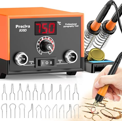 Preciva Kit de pirograbado de leña de 25 W con control de temperatura, 20 puntas, temperatura ajustable de 250 hasta 750 °C, ideal para tallar madera, cuero y calabazas, etc.