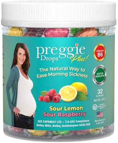 Preggie Pop Drops Plus with Vitamin B6 for Pregnancy Nausea Relief, Morning Sickness Candy with Essential Oils for Pregnant Women - Raspberry & Lemon, 32 Count