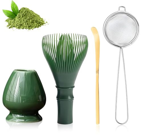 WDKXCN Matcha Whisk Set, 4 PCS Macha Tea Kit, Matcha Whisk and Sieve Scoop, Ceramic Whisk Holder, Matcha Ceremony Accessory for Family Relaxation and Tea Enthusiasts