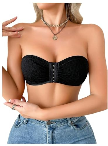 GORGLITTER Women's Strapless Wireless Front Fastening Bras Heart Print Comfy Bandeau Bralettes Black Large