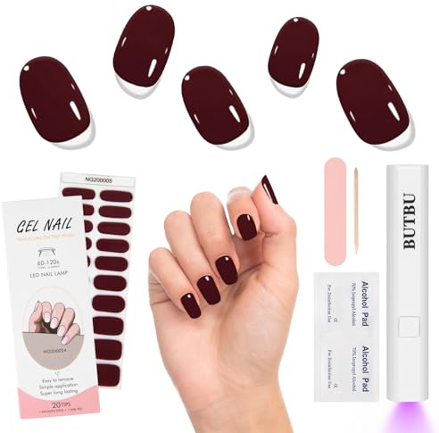 BUTBU Pellicola per unghie, 1 foglio, 20 pezzi, con lampada UV, pellicola adesiva e indurente UV, set di adesivi per unghie, adesivi per unghie, con lima per unghie (vino rosso)