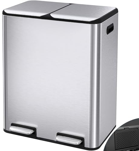 LIFERUN Mülleimer 2 Fächer, 2 x 30 Liter Treteimer mit Geruchsfilter, Deckel Geräuschlos, Inneneimer aus Kunststoff, Mülltrennsystem, Metall Doppelter Abfalleimer für Küche Büro, Silber