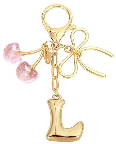 Snylcce Porte-clés Lettre Bulle Dorée avec Noeud et Cerise Charmant Accessoire de Sac pour Femmes