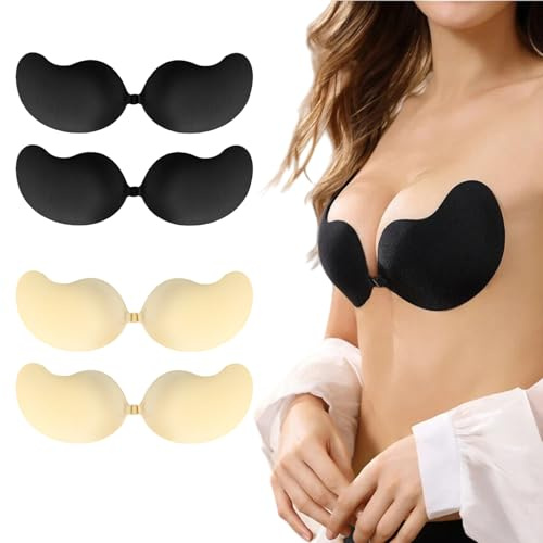 SHUIMILI 4Pack Seamless Invisilift Bra for Women Adhesive Push Up Sticky, Strapless Backless Bra (B, Blacck*2+Beige*2)