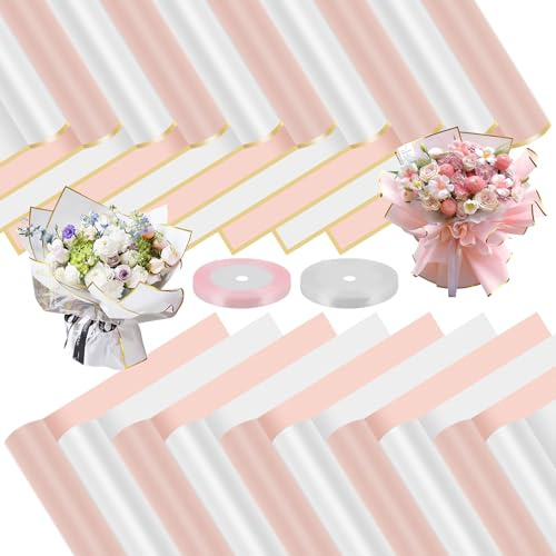20 Feuilles de Papier à Bouquet Cadeau, Papier à Fleurs Blanc et Rose, avec 20 Papiers de Soie et 2 Rubans pour Anniversaires et Mariages (56x56cm)
