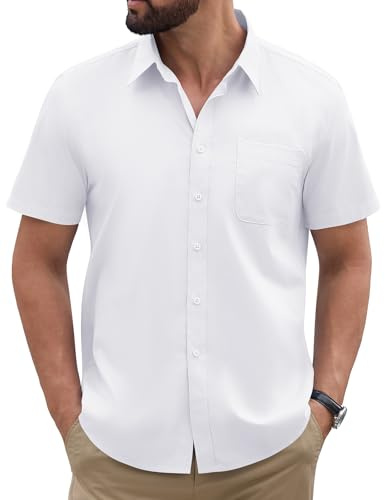 heekpek Camicia Uomo Maniche Corte Estiva Button Down Camice Corta Slim Fit Elegante Leggera Maglietta Camicie con Tasca, Bianco, M