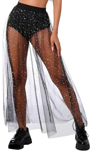 Jupe en maille transparente 2 en 1 pour femme, jupe en tulle à paillettes noires avec short pailleté, taille haute, maxi jupe 2 en 1 à paillettes, pour fête, festival de musique, carnaval