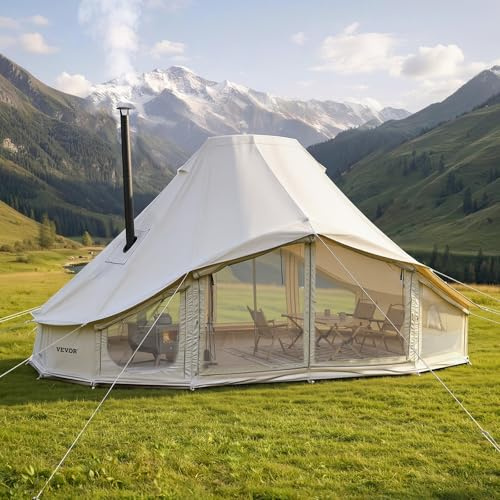 VEVOR Tienda de Campaña Grande para 10-12 Personas, 6 x 4 x 3,1 m, Carpa de Polialgodón, con Cubierta de Lluvia Salida de Humos para la Estufa Doble Puerta, para Glamping Camping Festivales, Beige