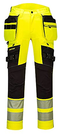 Portwest DX442 DX4 Hi-Vis Hölsterbyxor Flera Fickor Elastisk Midja Lättvikt | Gul/Svart, EN 14404, EN ISO 20471 Klass 2, UPF 50+, Polyester, Trippelsydda Sömmar, Reflekterande, Knäskyddsfickor, Knäskydd