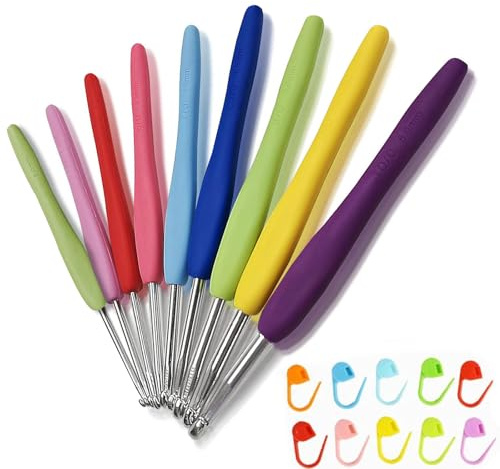 XIAOMAOMAO - Lot de 8 crochets en aluminium, kit d’outils pour aiguilles à tricoter, crochet ergonomique, poignée souple, aiguilles de crochet avec étui