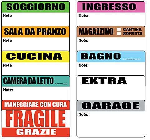112 Etichette Adesive Trasloco - Fragile, Camera da Letto, Cucina, Sala da Pranzo, Garage, Extra, Bagno, Magazzino, Ingresso/per cartoni per traslochi, scatole trasloco vestiti, adesivi fragile
