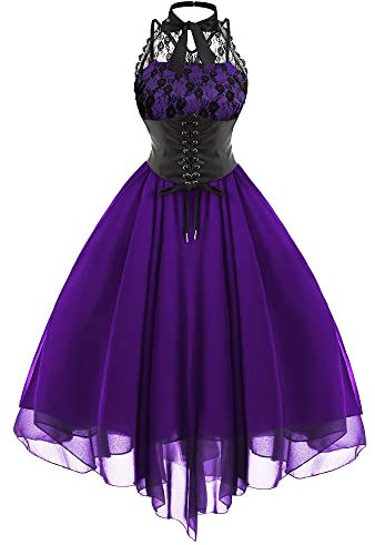 kinstell Robe corset gothique sans manches pour femme, robe vintage en dentelle florale pour cocktail, Halloween, punk, hippie