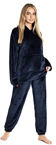 CityComfort Pyjama Femme Hiver Polaire, Ensemble Pyjama Chaud à Capuche pour Femme Ado, Idée Cadeau pour Elle (Marine, S)