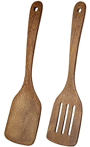 Wooden Spatula, Pack of 2 Wood Solid Turner Kitchen Wooden Slotted Spatulas for Cooking, Heat Resistant Wood Spatulas for Baking Non Stick Cookware