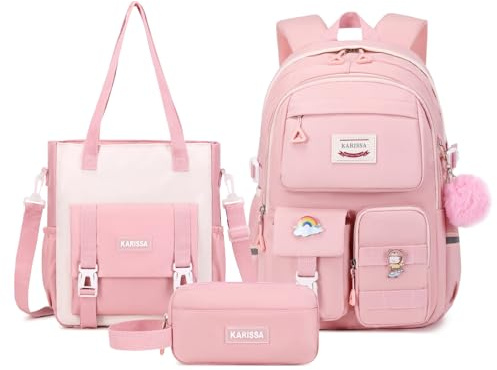 MUSEVOS Kawaii Girls Backpack for School with Convertible Shoulder Tote Bag，Cute Teenage Multiple Pockets Backpack for Primary Elementary High School, Pink 3 Pcs Set