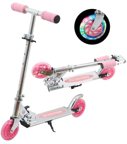 TENBOOM Scooter for Kids Ages 4-7, 2 Wheels Light Up Gift Scooters for Girls Boys Ages 6-12, Easy Folding Kids Scooter with 3 Levels Adjustable Handlebar and Rear Brake Silvery Pink