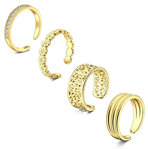 WillTen 2-4 pz Oro Argento Punta Anello In Acciaio Inox Regolabile Bend Aperto Punta Anello, Foglia Fiore Freccia Pianura Sottile CZ Punta Punta Dita Anello Estate Piede Spiaggia Piede Gioielli Set