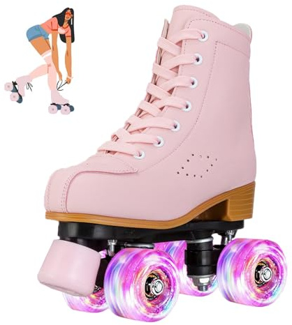 jessie Roller Skates for Girl and Women, PU Leather Light up Kids Roller Skates, Cute Adjustable Four-Wheel Beginner Youth Roller Skates Girls Ages 8-12 Outdoor Indoor (Youth 3, Pink)