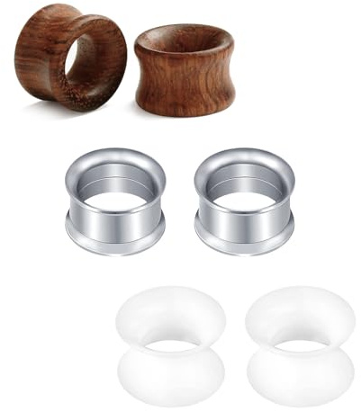 Rajnard Surgical Steel Ear Tunnels & Stretcher - Flexible Silicone Expander Gauges 6/8/10/12/14/16mm - Wood Ear Plugs - Silver, Black, Blue Body Jewellery
