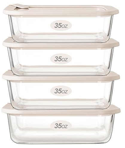 Urban Green Glass Food Storage Containers with Glass Lids, Microwave Safe Glass Food Container Set, Airtight Glass Food Container Set, LeakProof, 100% Plastic Free, White Color, 4pack