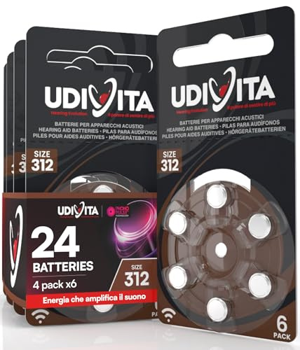 24 Udivita batterier för hörapparater storlek 312 zinkluft – 4 blisterförpackningar med 6 batterier