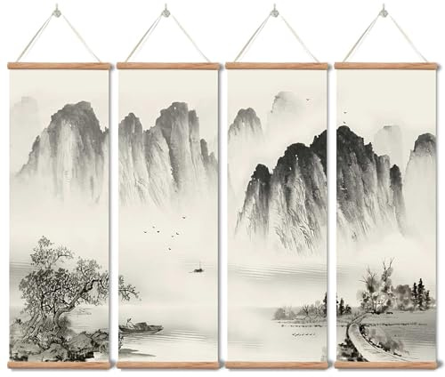 Landscape Painting,Chinese Ancient Architecture Posters and Prints,traditional Ink Decor,Wall Art Black and White for Living Room Bedroom,4 Piece Set Fixed Wooden Hanging Scroll (landscape, 12”x36”x4piece)