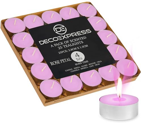 DECO EXPRESS Juego de Velas de 24, 25, 50, 100, 200, Velas Larga Duracion 10, 8 o 4 horas (Pétalo de Rosa 25/4 Horas)