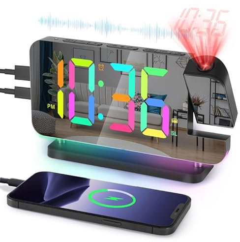 Projection Alarm Clock with Radio, Digital Clock with 180° Rotatable Projector, Alarm Clocks Bedside with 10 Modes RGB Night Light, 11 Colors LED Display, Dimmable, Volume, Snooze, for Bedroom Black