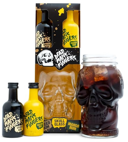 Dead Mans Fingers Rum Gift Set - Spiced, Mango Flavoured, Mini Alcohol Bottles x2 5cl and Skull Glass - Rum Miniatures Birthday Gifts for Men, Dad Gifts, Boyfriend, Fathers Day