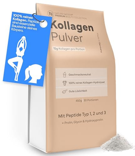 Premium Kollagen Pulver: 100% Collagen Hydrolysat, Peptide Typ 1 & 3, Perfekt löslich, geschmacksneutral; Laborgeprüftes Kollagenpulver, Apothekenqualität, prod. in DE (1 x 450g, 30 Port. für 1 Monat)