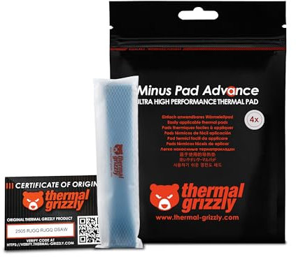 Thermal Grizzly Minus Pad Advance - Paquete de 4 almohadillas de interfaz térmica de 120 x 20 x 0,5 mm, eléctricamente no conductiva, alta conductividad térmica y compresibilidad para SSD, GPU y