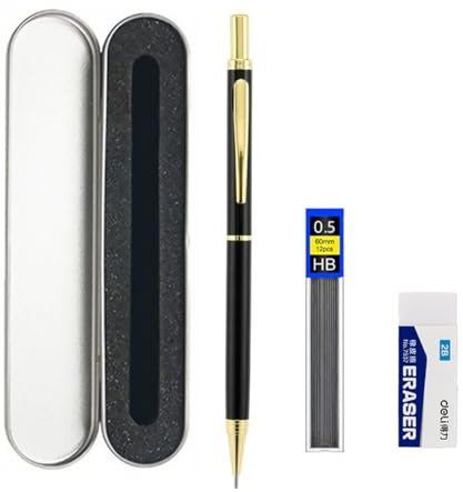 JOMPENS 4Pcs Luxury 0.5mm Metal Mechanical Pencil Set Gold Silver Pen with Pencil Case Student Art Sketch Painting Pencil Office School Stationery Gift (J-QB219-4pcs-gold-b)