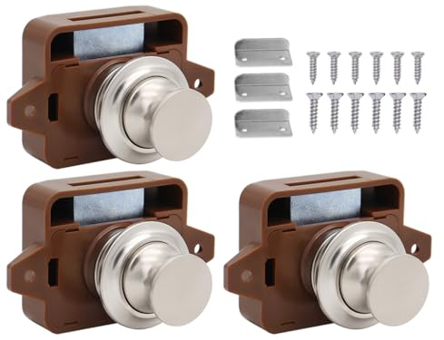 Abiyou 3PCS Cerradura Cierre de Botón, Cerradura Puerta Boton, Cierres de Botón sin Llave, Bloqueo de Botón de Gabinete, Cerradura de Botón para Puertas, para Camper, Caravana, Muebles (Marrón)
