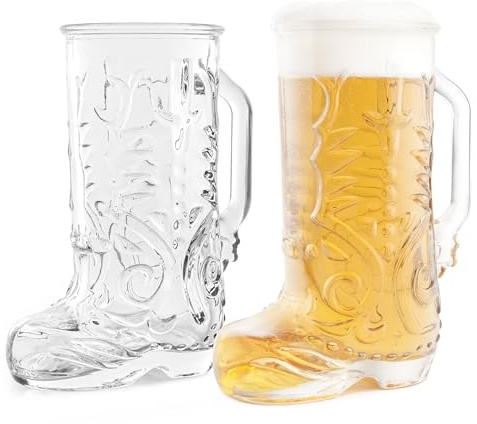 Final Touch Wild West Boot Beer Glass, Set of 2 - Unique Drinking Cups with Handle - Thick Lead-Free Glass, 22 oz Capacity, Rustic Barware Gift Box Included for Cocktails & Beverages