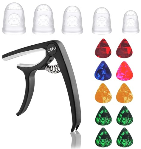 1PCS Guitar Capo and 10PCS Guitar Picks and 25 Pcs Anti Slip Silicone Guitar Fingertip Protectors 5 Sizes Guitar Accessories for Acoustic Electric Guitars and Ukulele