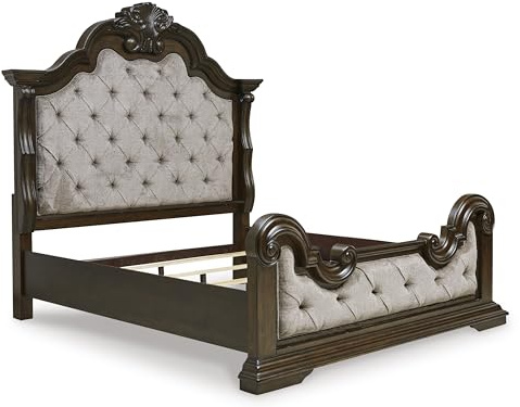 Signature Design by Ashley Maylee Traditional Tufted King Upholstered Panel Bed, Foundation or Box Spring Needed, Dark Brown & Beige
