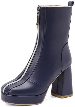 Botines De Plataforma De Cuero PU para Mujer Tacón Alto Grueso Botas Cortas Punta Cuadrada Botines con Cremallera Frontal,Azul,38 EU