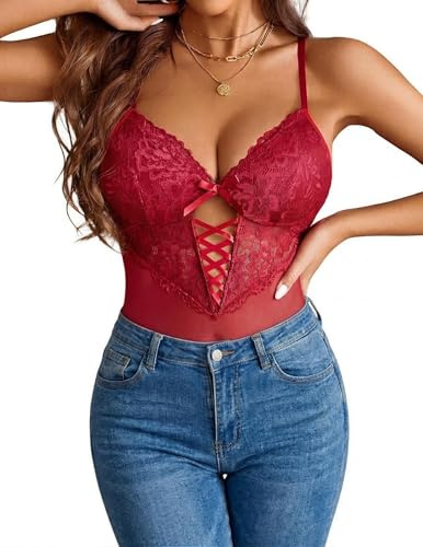 Avidlove Body en Dentelle Pour Femme Nuisette Sexy Bodys Corset Body en Résille Tenue Rave Bodys une Pièce Décolleté en V lingerie | Sous-vêtements une pièce, lingerie à col en V, laçage croisé au niveau de la poitrine, tenues de rave en maille
