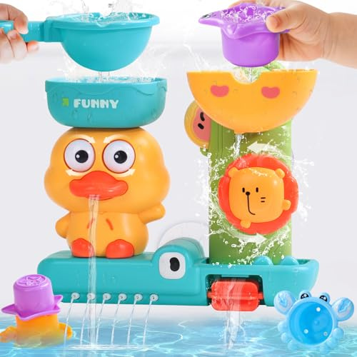 Giochi Bagnetto Neonato, Giochi Bambini 1 Anno Giocattoli Vasca da Bagno Bambini Include 1 Mestolo 3 Tazze Impilabili con Animali Marine e 3 Ventose Regalo Bambina Bimbo 1 2 Anni Giochi Spiaggia Acqua